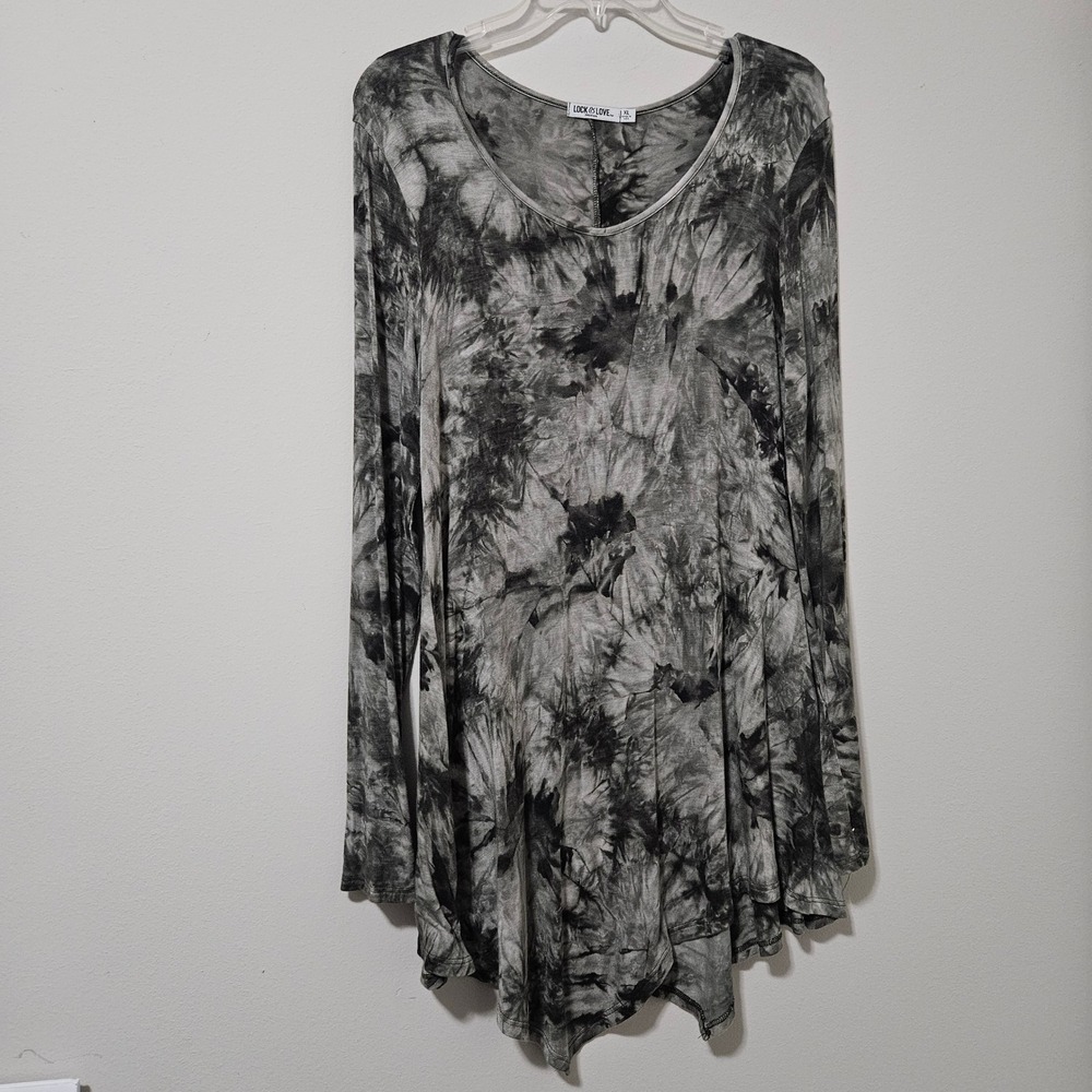 Lock and Love Womens XL Tie Dye Long Sleeve Tunic Top Sharkbite Hem Grey Black